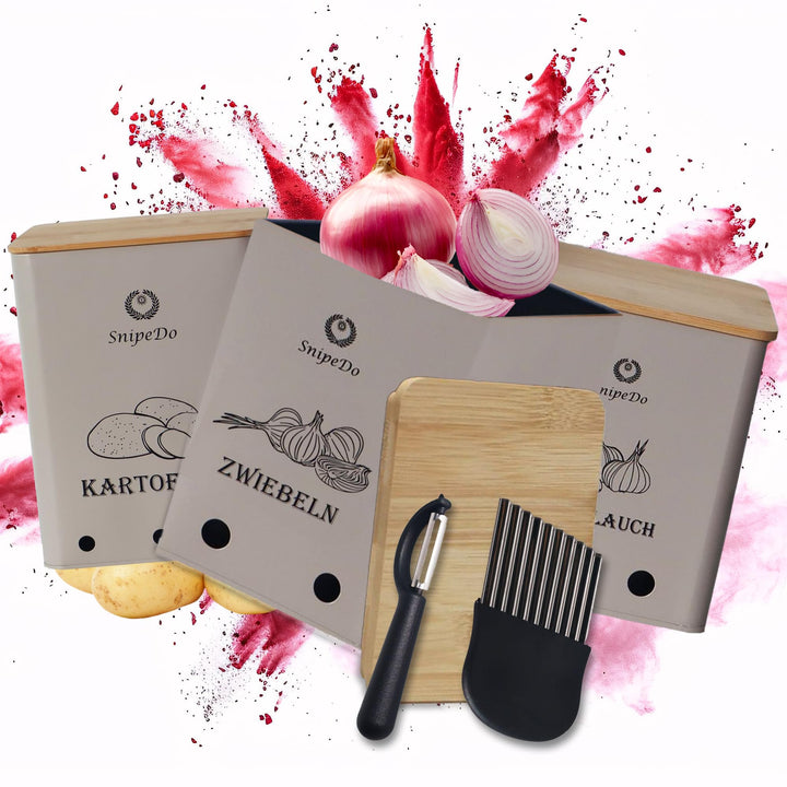Kartoffel Aufbewahrungsbox Set – 3er Set Kartoffelbox, Zwiebel Aufbewahrung, Knoblauch Behälter – Me