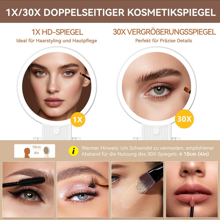 Auxmir Kosmetikspiegel mit Beleuchtung, 30X/1X Doppelseitig Schminkspiegel mit Licht, Dimmbar Spiege