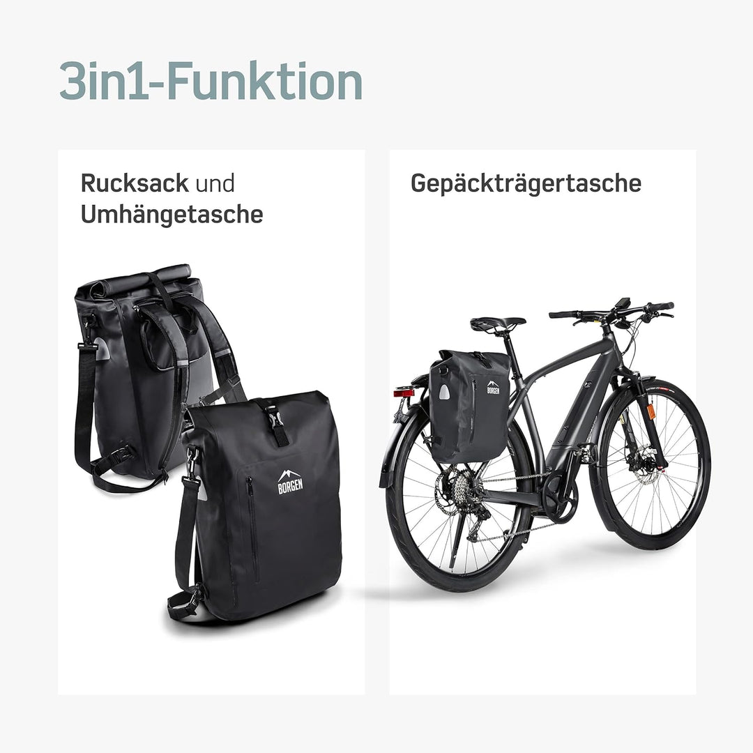 Borgen Fahrradtasche für Gepäckträger 3in1 Fahrrad Rucksack I Gepäckträgertasche I Umhängetasche Kom