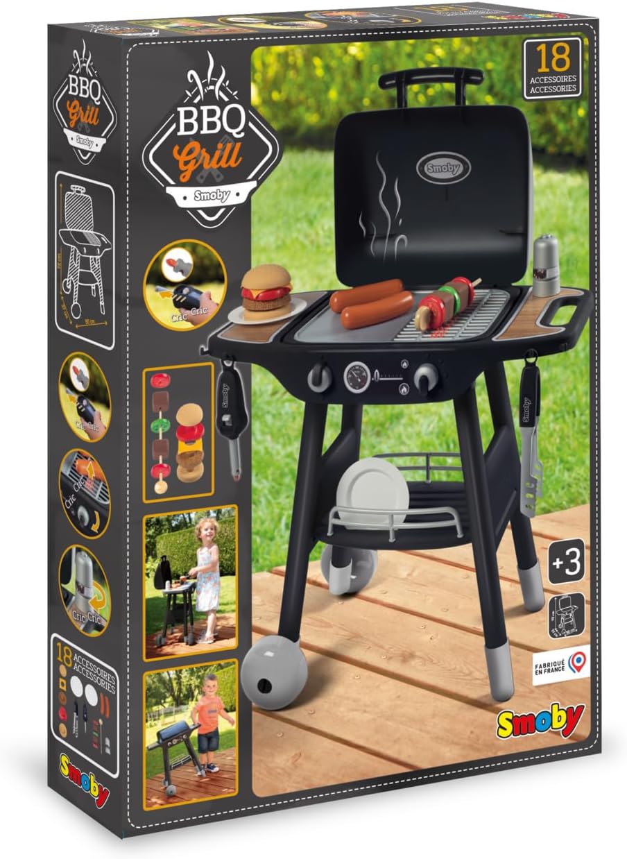 Smoby - Barbecue Kindergrill - Grill mit mechanischen Kunststoff-Flammen und Grillbesteck, 18 Zubehö