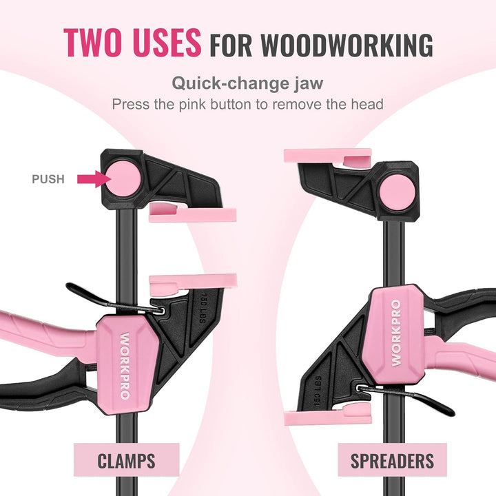 WORKPRO Einhandzwingen Set Rosa 2 Stück Schraubzwingen Spanner, Spannweite 300 mm, Dehnbereich bis z