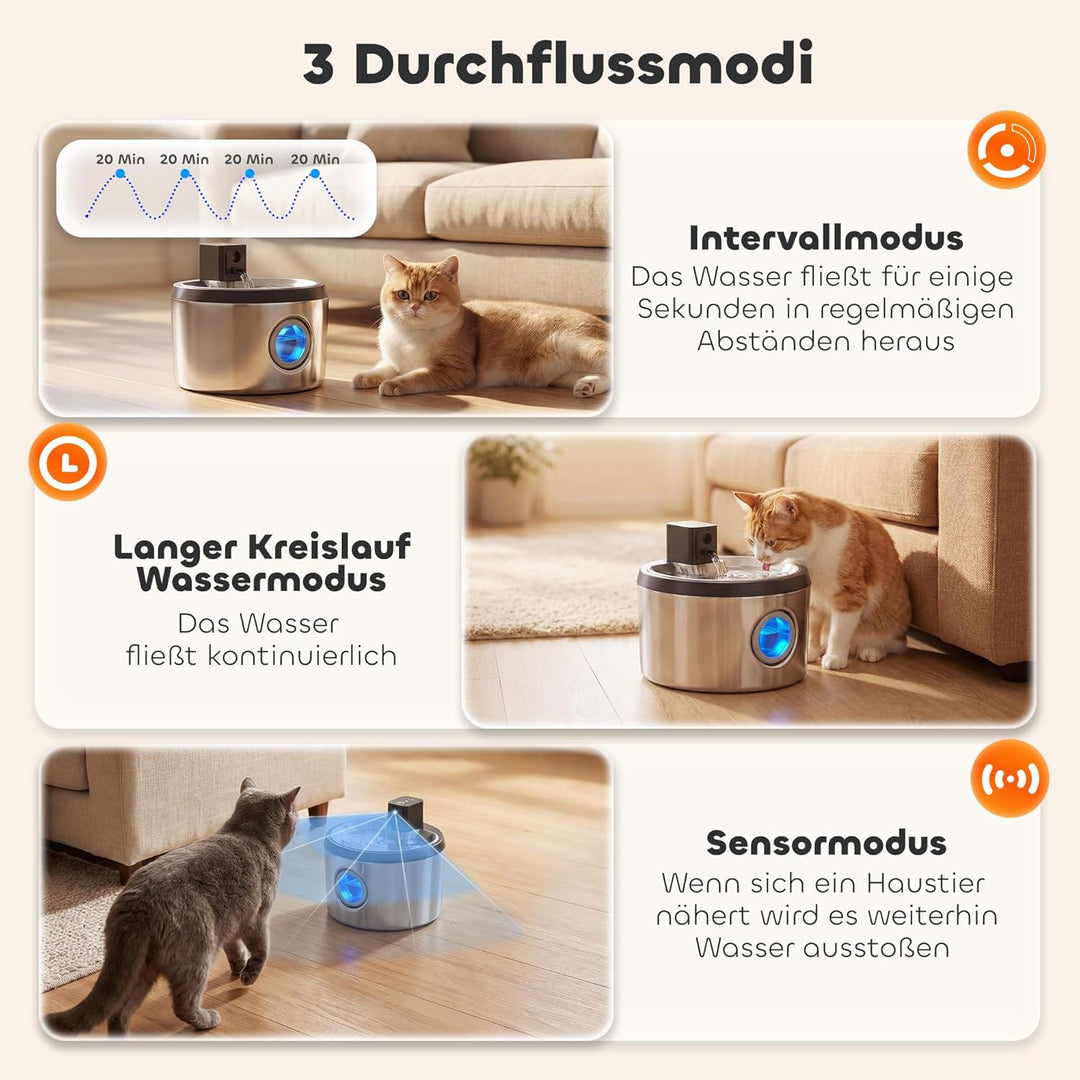 PawHut Katzenbrunnen 4L Kabellos Edelstahl Trinkbrunnen mit Bewegungsmelder 6 Filtern zweifaches Fil