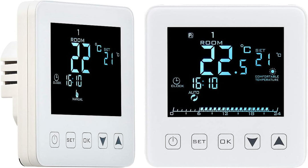 revolt Raumthermostat Digital: 2er-Set Wand-Thermostate für Fussbodenheizung, LCD, Touch-Tasten (The