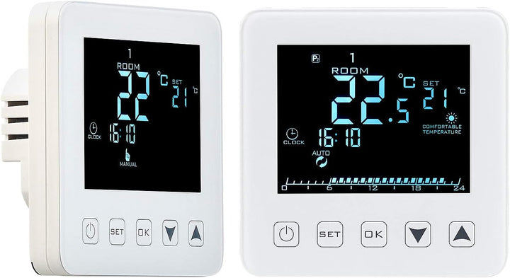 revolt Raumthermostat Digital: 2er-Set Wand-Thermostate für Fussbodenheizung, LCD, Touch-Tasten (The