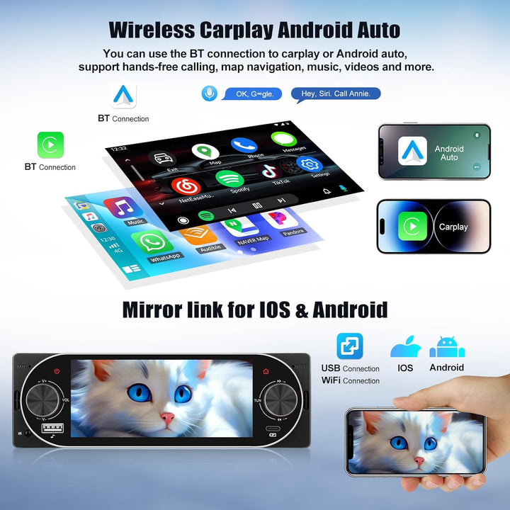 CAMECHO Autoradio 1 Din Wireless Carplay Android Auto Radio Bluetooth 5.2 mit Rückfahrkamera, 5.1 Zo