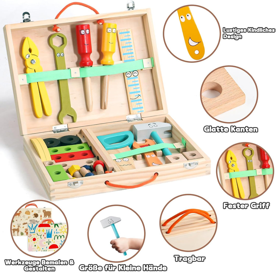 Werkzeugkoffer Kinder Montessori Spielzeug ab 3 Jahre Junge Mädchen Holzspielzeug ,Kinderwerkzeug Le