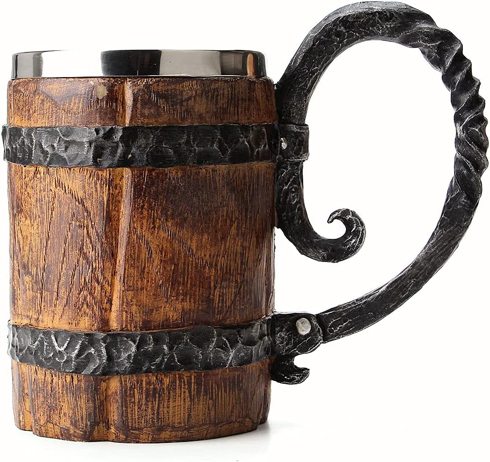 OTARTUDE Bierkrug aus künstlichem Eichenholz, mittelalterlich, Retro, Wikinger-Stil, Edelstahl, 500