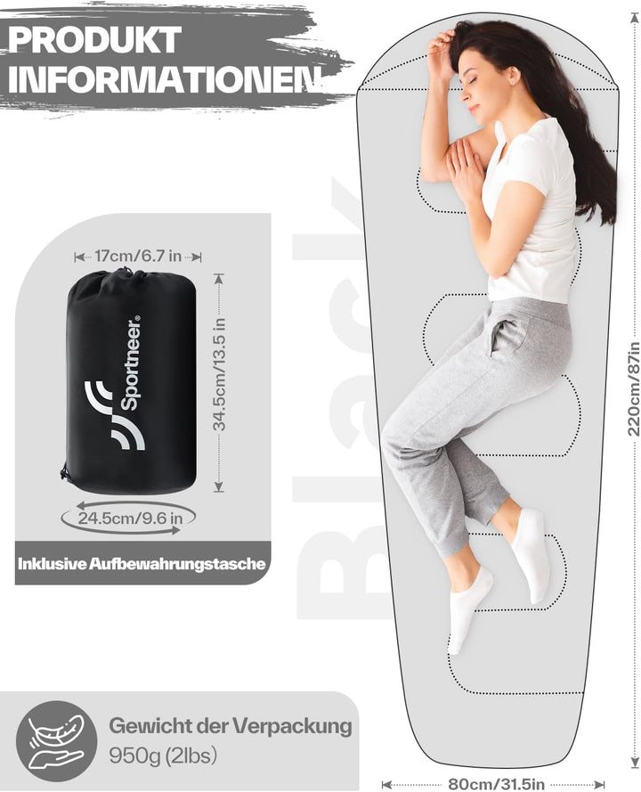 Sportneer Schlafsack - Kleines Packmass & Ultraleicht (950g/1500g) - Mumienschlafsack Outdoor Sommer