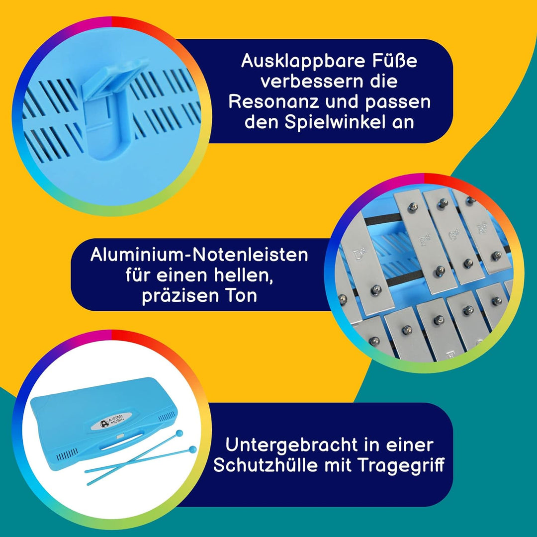 A-Star 25-Noten-Sopran-Chromatisches Glockenspiel-Xylophon im blauen Gehäuse mit silbernen Tasten un