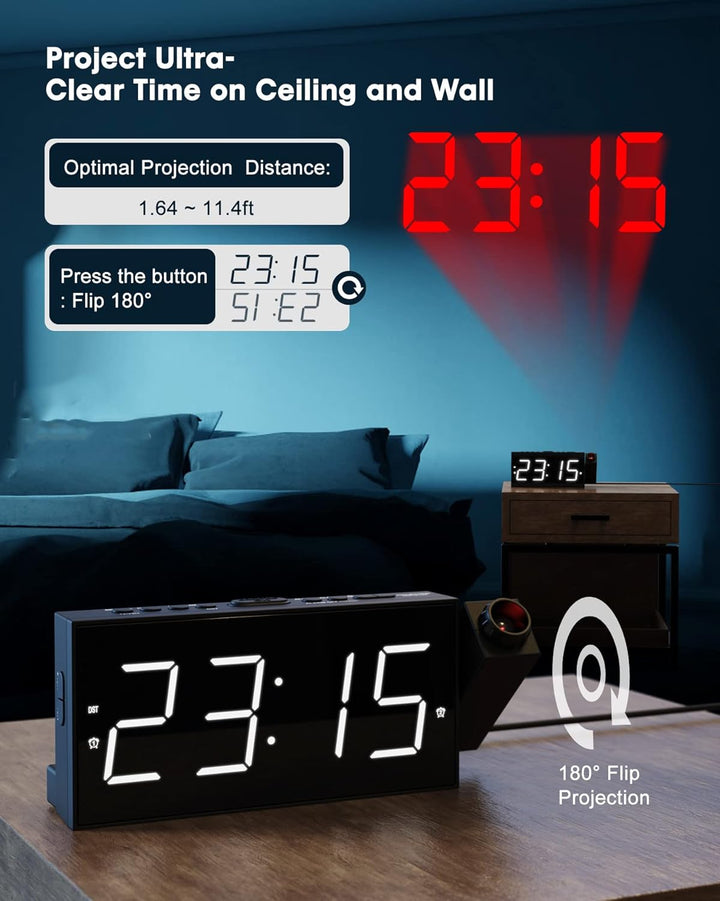 ROCAM Wecker mit Projektion für Schlafzimmer, LED Projektionswecker an der Decke mit USB Ladegerät,