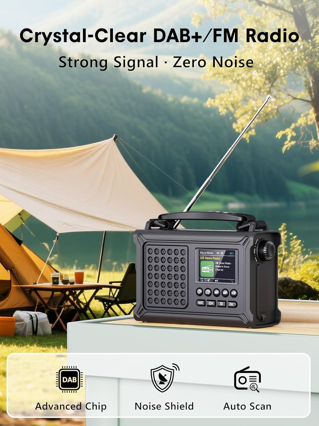 ROCAM Kurbelradio DAB+/UKW, Tragbare Notfallradio 12000mAh mit 8500mm² Solarpanel & 650mA Kurbel, Di