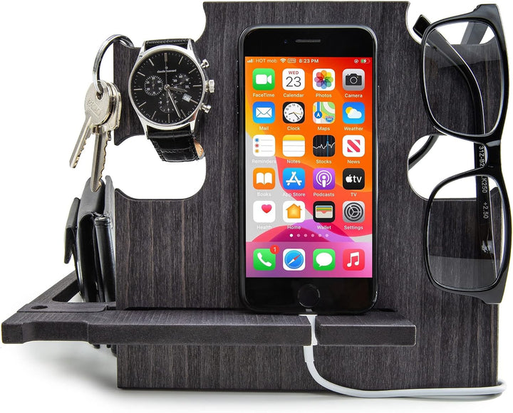 Personalisierte Dockingstation, Smartphone-Ständer - Nachttischhalter aus Holz, Geschenkidee für Män