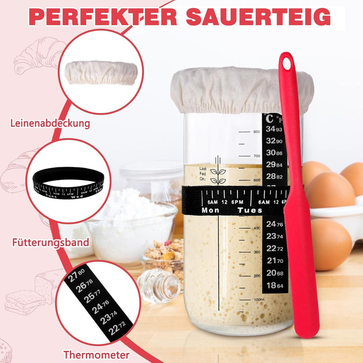Sauerteig Starter Set, Gärkorb Brot Set mit 2 Gärkörbchen (23cm Runde & 25cm Ovale), Rattan, 1000ml