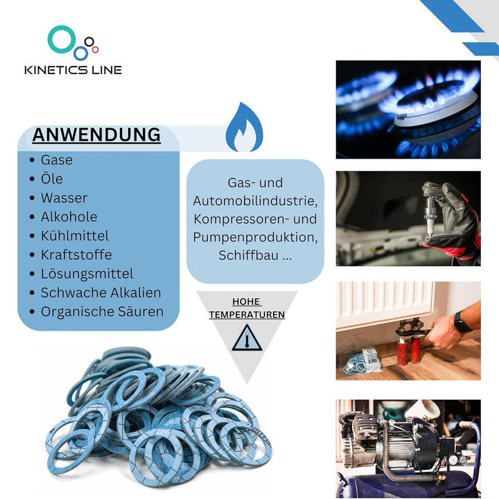 Aramidverstärkte Hochtemperatur-Flachdichtung 1/2 Zoll (18,5 x 11 x 2 mm) – 100 Stück – bis 350 °C /
