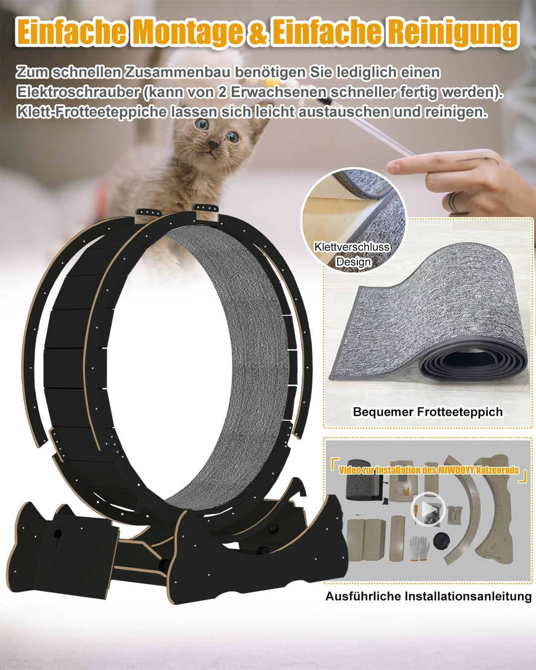 Grosses Katzen-Laufrad 110cm – schwarzes Massivholz-Katzenrad-Trainingsgerät für Indoor-Katzen, Sich