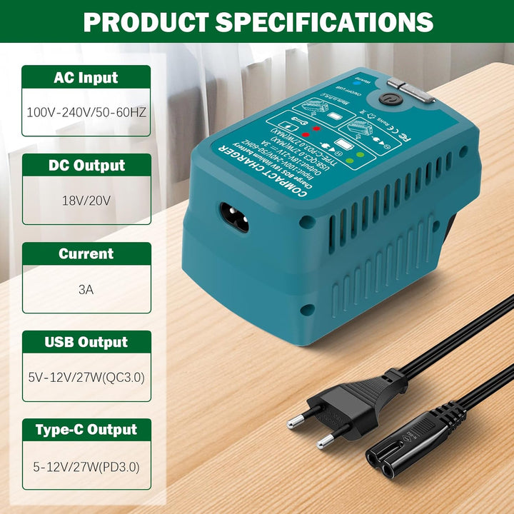 Schnellladegerät für Bosch 18V PBA Gome und Garten Ladegerät,mit USB & Type-C Output,Eingang 220V, A