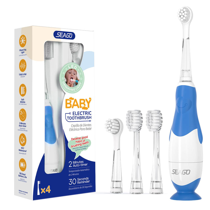 Seago Elektrische Zahnbürste Kinder ab 0-3 Jahr mit LED Licht, Weichen BPA-freiem Runder Gummierte B