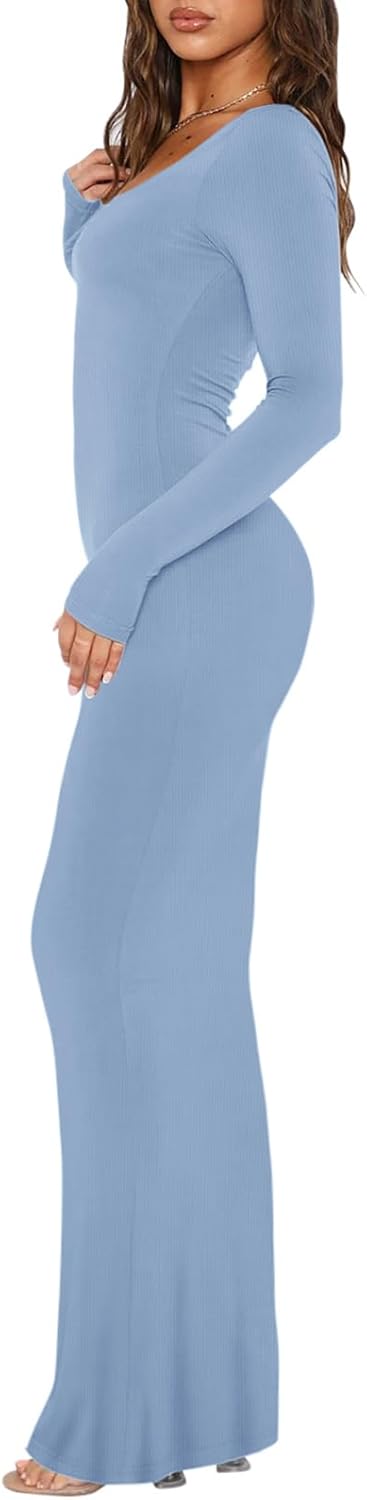 REORIA Damen Sexy U-Ausschnitt Langarm Lounge Langes Kleid Gerippte figurbetonte Maxikleider XS Blau