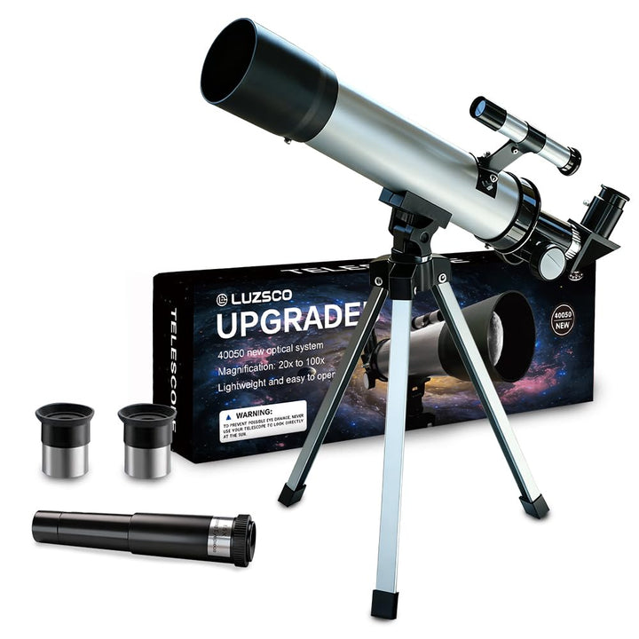 Teleskop für Kinder 50mm 100x Vergrösserung Anfänger Silber Telescopio mit Stativ, 2 Okularen, Suche