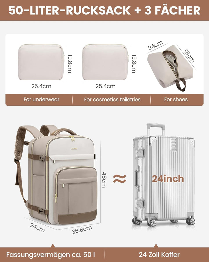 LOVEVOOK Rucksack Handgepäck Flugzeug, 50L Gross Reiserucksack Damen für 18 Zoll Laptop, Wasserdicht