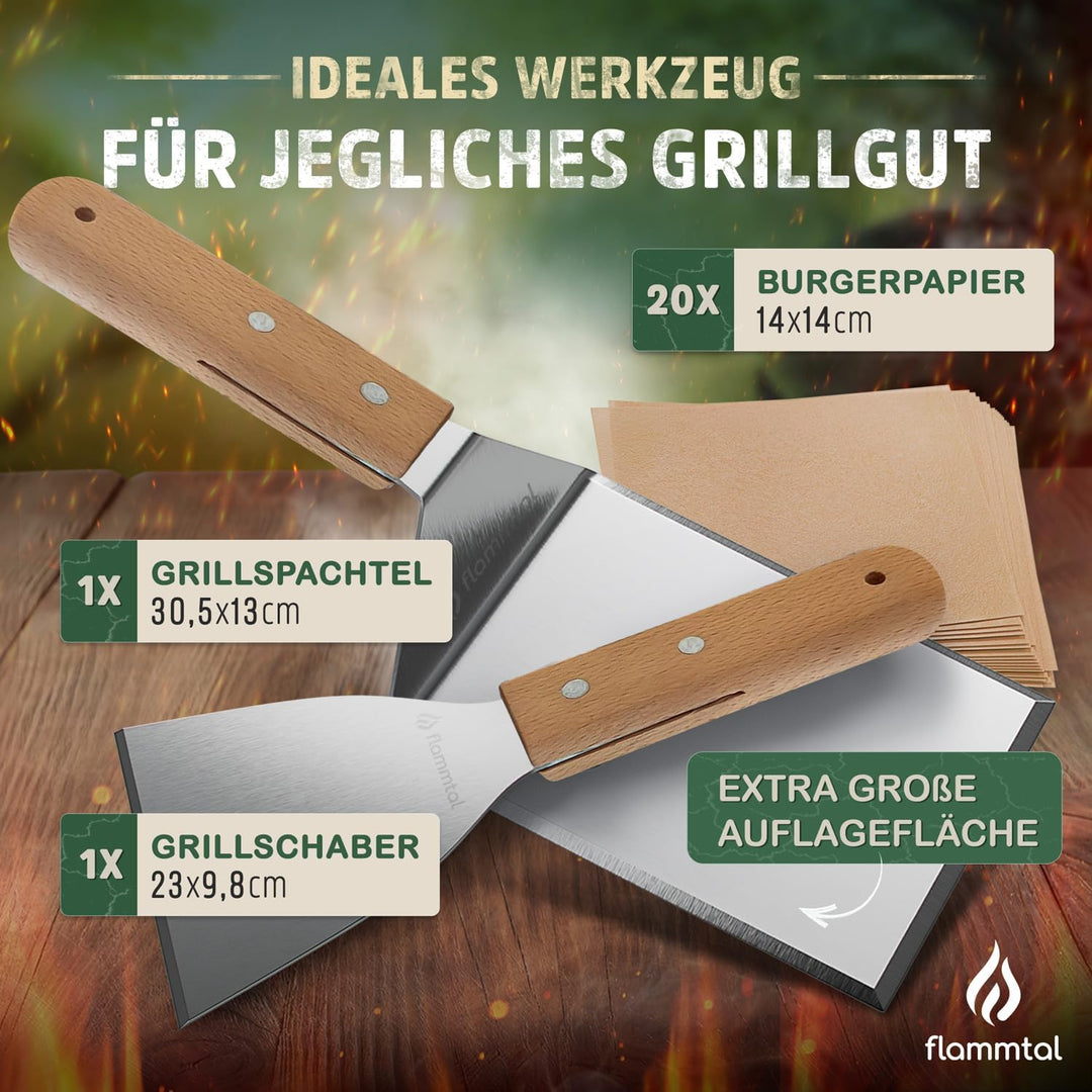 flammtal [Das Original] - Smash Burger Set mit 20x Burgerpapier - Grillspachtel Set aus Edelstahl -