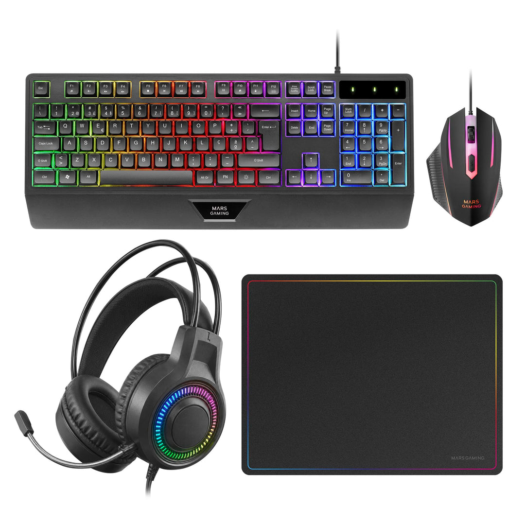 Mars Gaming MCP124PRO, Portugiesisch, Gaming-Combo 4in1, RGB H-Mech-Tastatur mit Handballenauflage,