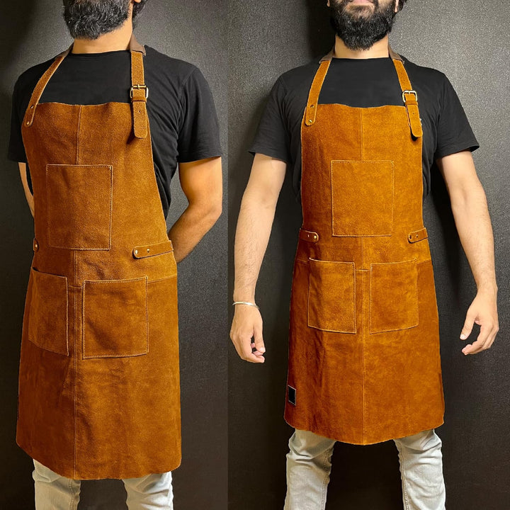 Grill-Arbeitsschürze aus Leder mit Werkzeugtaschen – verstellbare Grill-Kochschürze bis XXL für Männ