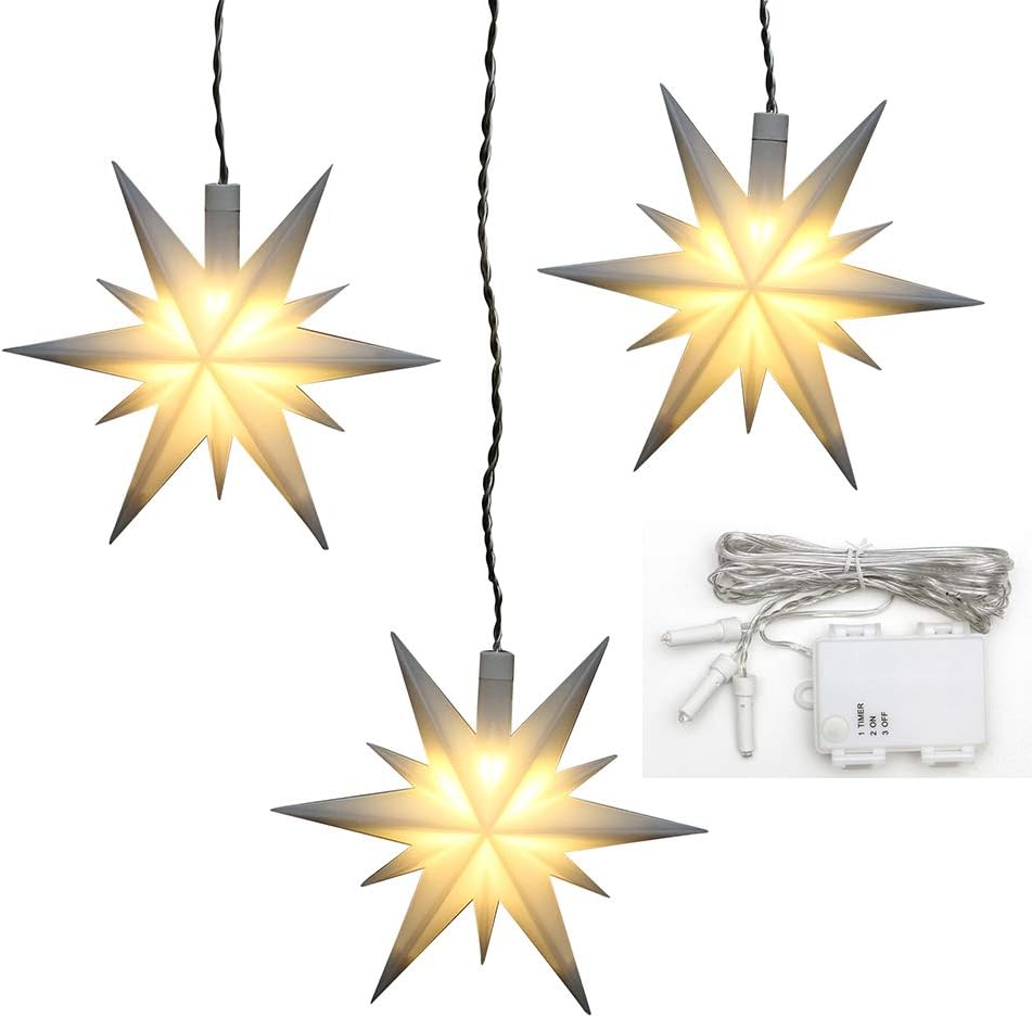 Dekohelden24 3er Set Weihnachtssterne aus Kunststoff in weiss, inkl. LED Beleuchtung und 6h Timer, f