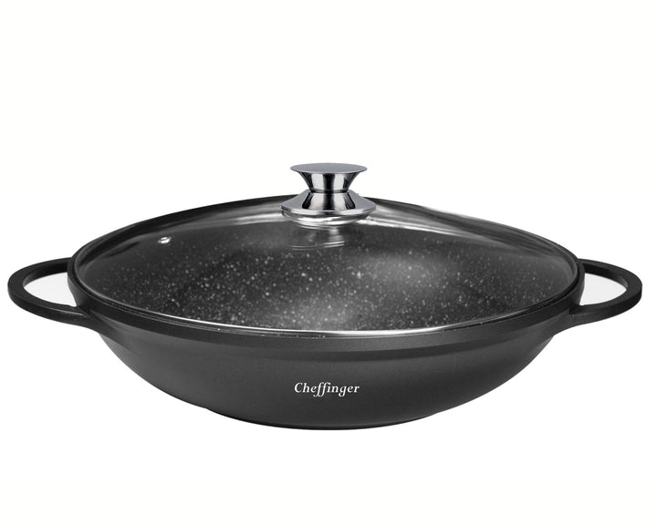 Cheffinger WOK Wokpfanne Woktopf Induktion 40cm Aluguss mit Deckel Bratpfanne Marmorbeschichtung Sil