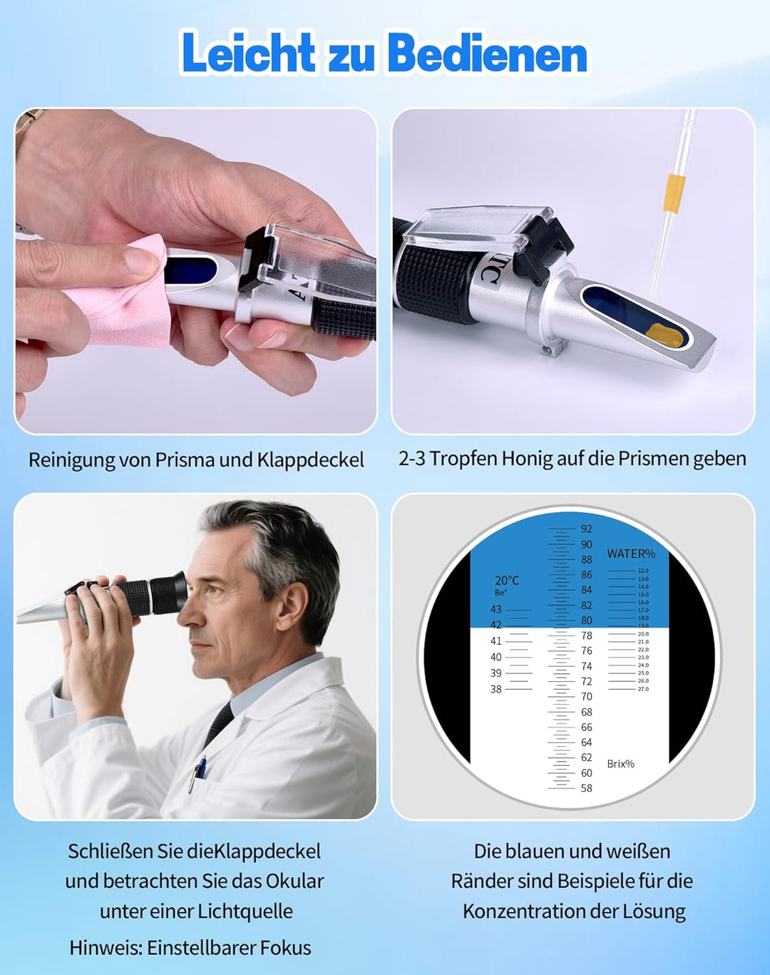 3 in 1 Honig Refraktometer mit ATC Imker Refraktometer Brix 58-92% Wassergehalt im Honig 12-27% Baum