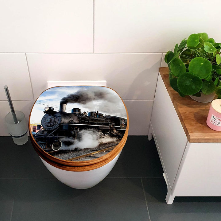 banjado® Design WC Sitz Bambus Absenkautomatik mit Motiv Dampflok/Toilettendeckel mit Absenkautomati