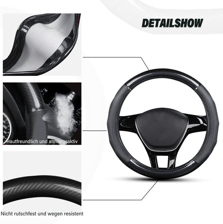 Ergocar Auto Lenkradbezug Rutschfester Auto Lenkradschutz D-Form Kohlefaser & Erste Schicht Rindsled