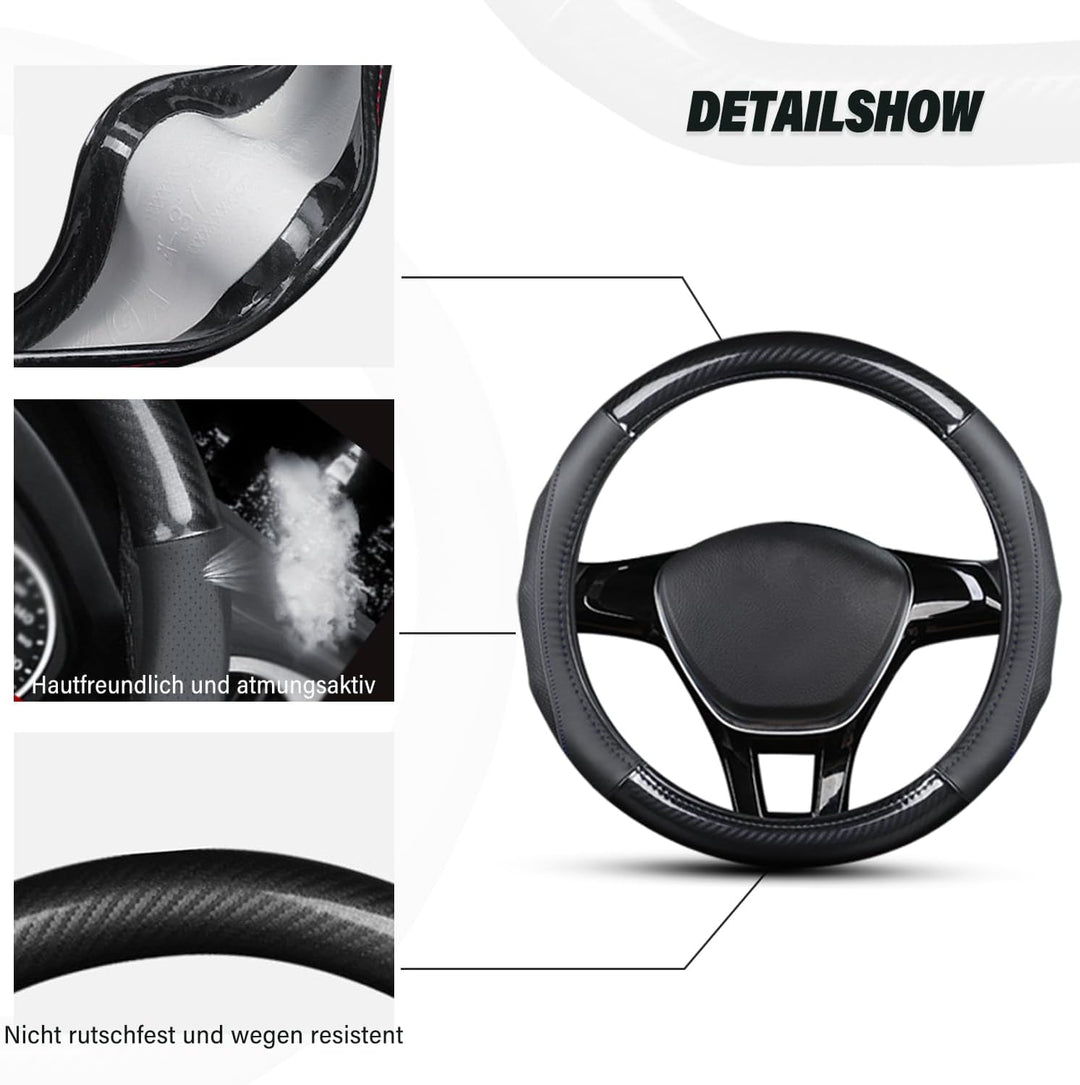 Ergocar Auto Lenkradbezug Rutschfester Auto Lenkradschutz D-Form Kohlefaser & Erste Schicht Rindsled