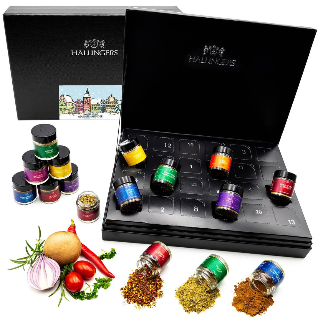 Hallingers Nostalgische Altstadt - Gewürz Adventskalender handmade, 24 Gewürze aus aller Welt (Set)