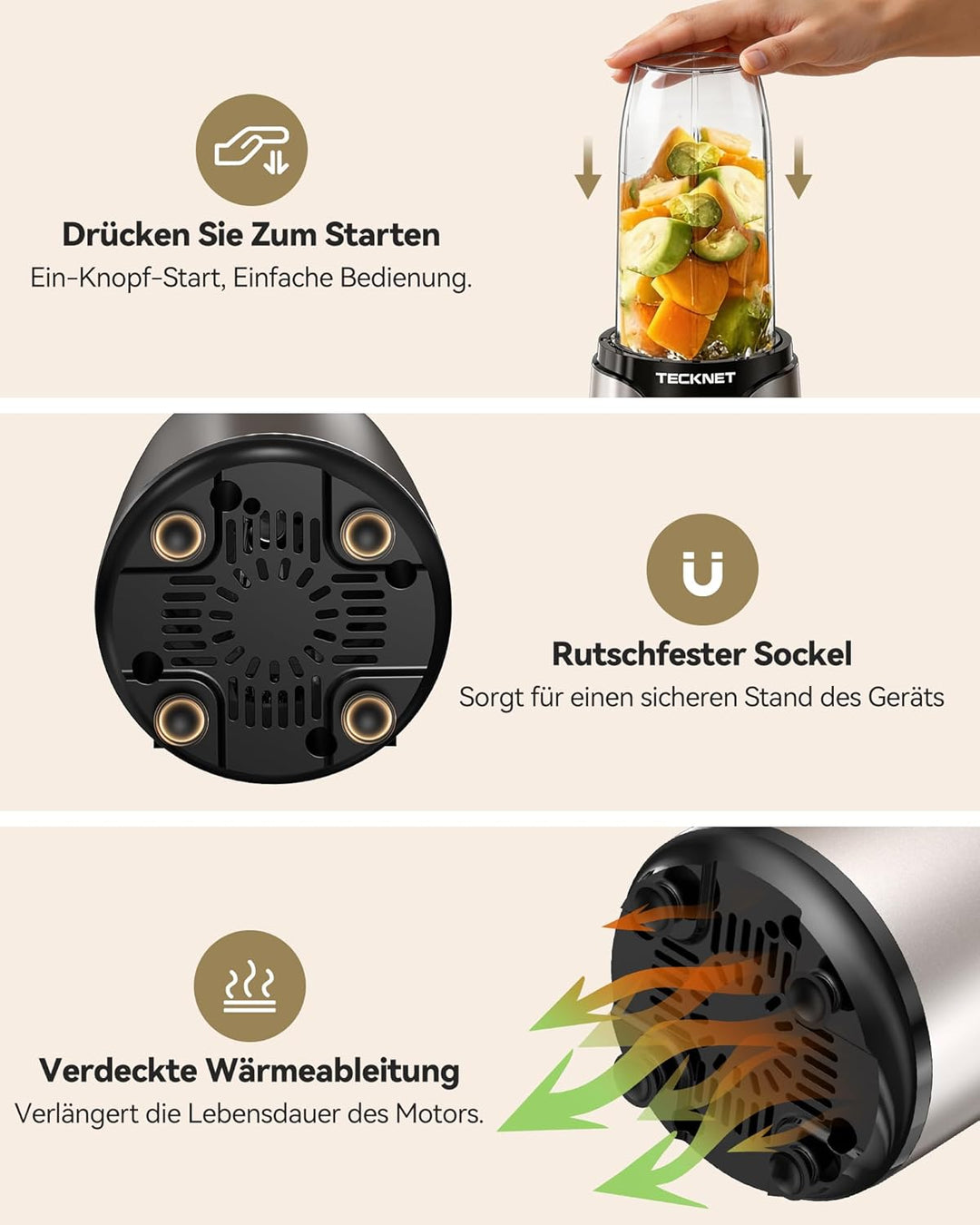TECKNET 1000W Smoothie Maker, Standmixer mit 2 BPA-freie 600ml Tragbare Becher, Klein mit Kreuzkling