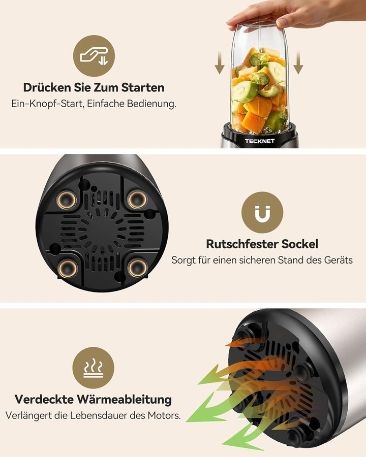 TECKNET 1000W Smoothie Maker, Standmixer mit 2 BPA-freie 600ml Tragbare Becher, Klein mit Kreuzkling