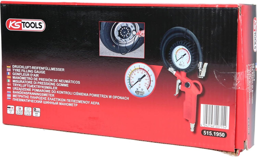 KS Tools Reifendruckprüfer 515.1950 0-11 Bar I Druckluft-Reifendruckfüller für Einhandbedienung I Mi