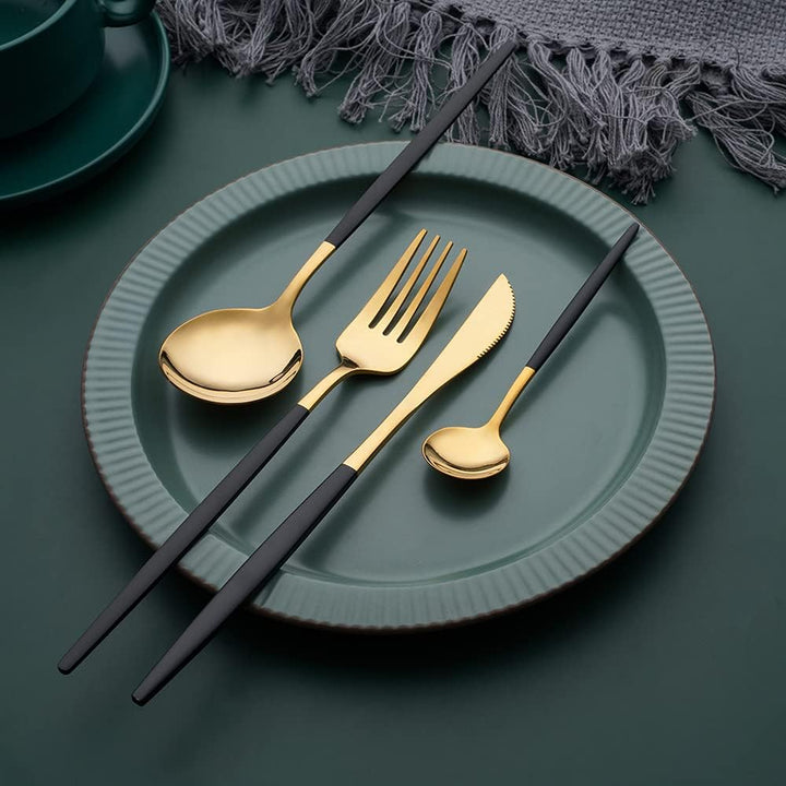 OUQIWEN16 Stück Besteck Schwarz Gold,Edelstahl Besteckset,Einschliesslich Steakmesser/Tafelgabeln/Su