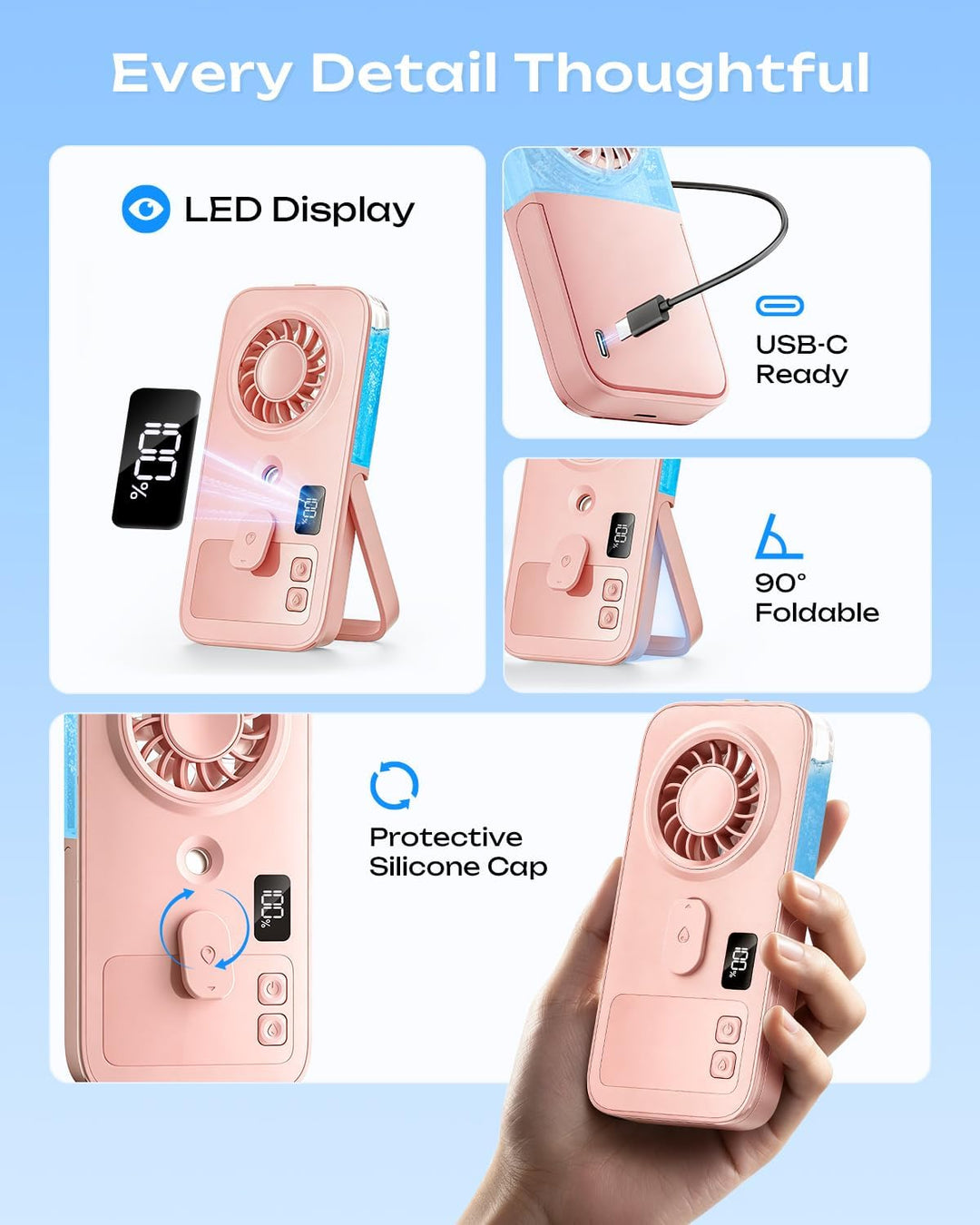 Otlonpe Handventilator Mit Wasserkühlung, 1200mAh Mini Hand Ventilator Akku Aufladbar Mit Wasser, 4