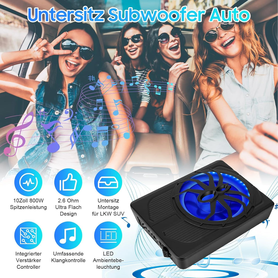 VINGVO Subwoofer Auto,10Zoll 800W Aktiv Subwoofer Für Auto,2.6 Ohm Ultra Flach Untersitz Subwoofer A
