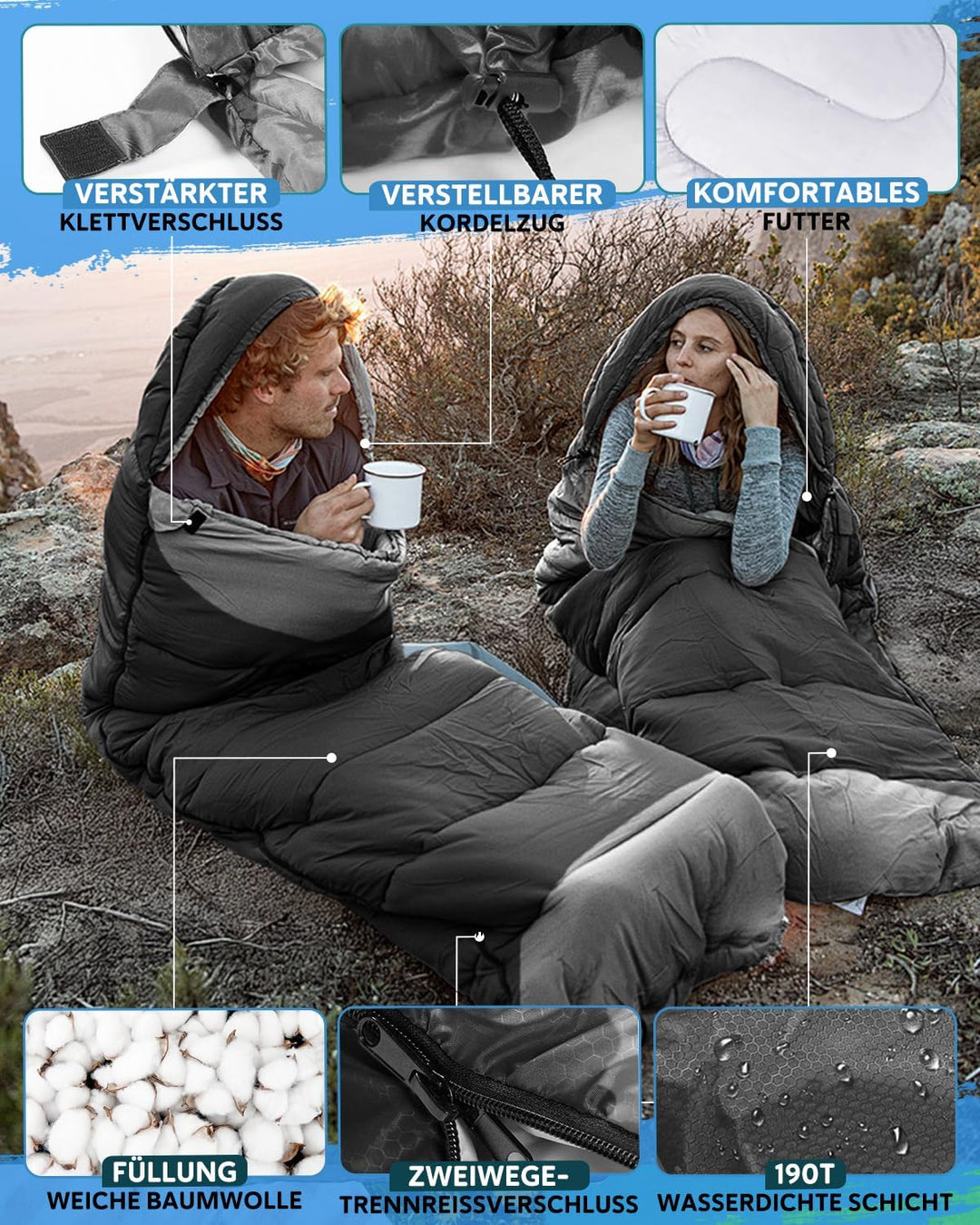 Schlafsack 3-4 Jahreszeiten, Outdoor Wasserdicht Ultraleicht Deckenschlafsack mit Innentasche für Er