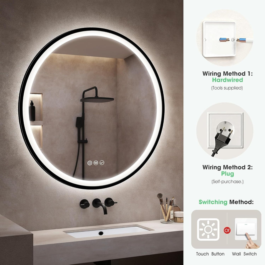S'bagno Badspiegel-mit-Beleuchtung 80CM, LED-Badspiegel-Rund mit Bluetooth, Anti-Fog, 3 Lichtfarben,