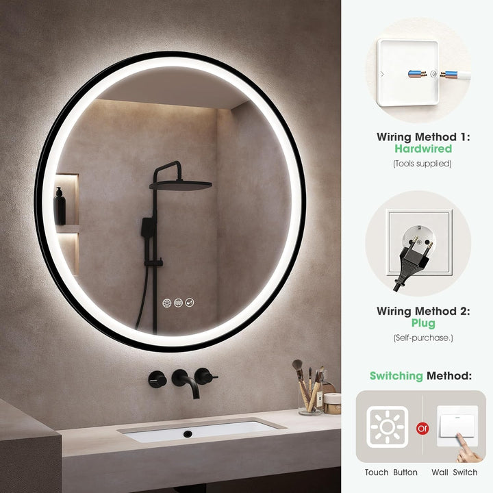 S'bagno Badspiegel-mit-Beleuchtung 80CM, LED-Badspiegel-Rund mit Bluetooth, Anti-Fog, 3 Lichtfarben,