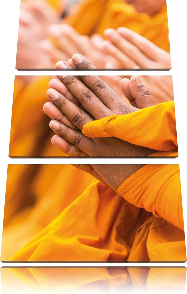 Pixxprint Betende Hände Mönche Tibet als Leinwandbild/Grösse: 3 Teilig (120x80 cm) cm/Wandbild/Kunst