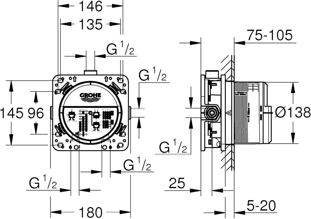 GROHE Rapido SmartBox | UP-Rohinstallation - Unterputz-Einbaukörper | 3 Abgänge 1/2 Zoll | 35600000,