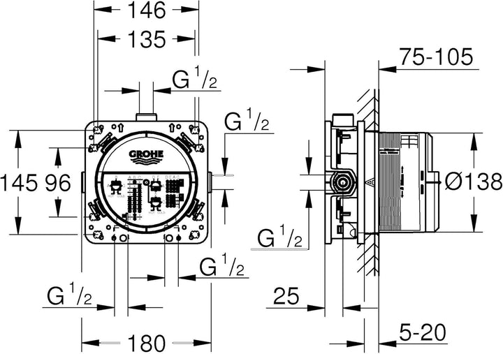 GROHE Rapido SmartBox | UP-Rohinstallation - Unterputz-Einbaukörper | 3 Abgänge 1/2 Zoll | 35600000,
