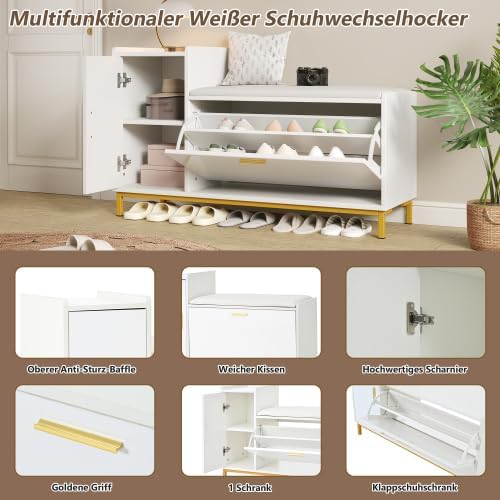 Merax Schuhschrank mit Sitzbank – Hochglanz Schuhregal mit 2 Fächern und 1 Schrank, Gepolsterte Sitz