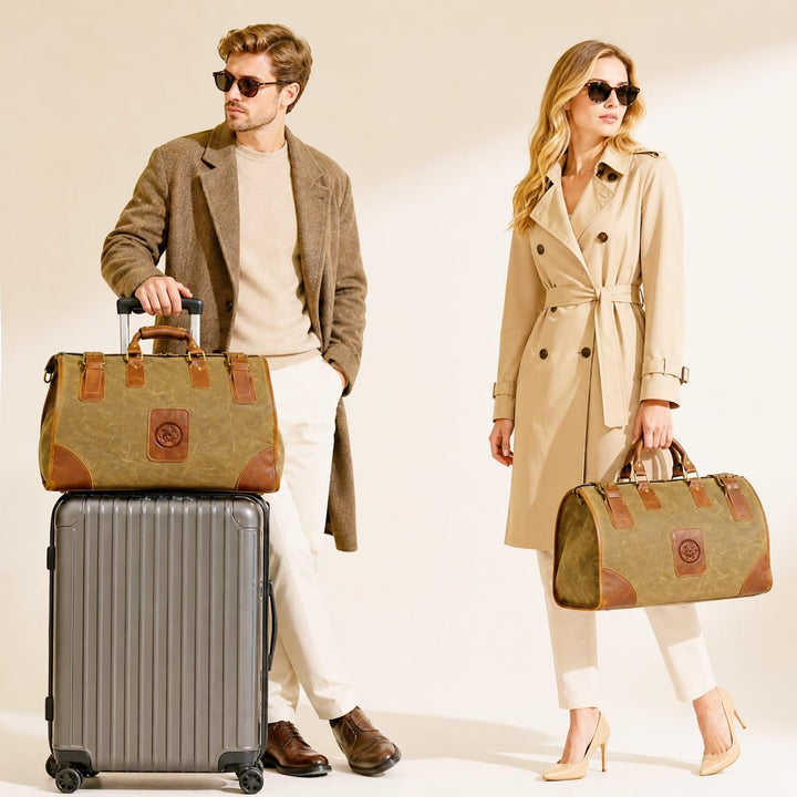 Wasserabweisend Canvas Crazy Horse Leder Reisetasche 35L Trim Unisex Handgepäck Weekender Tasche Spo