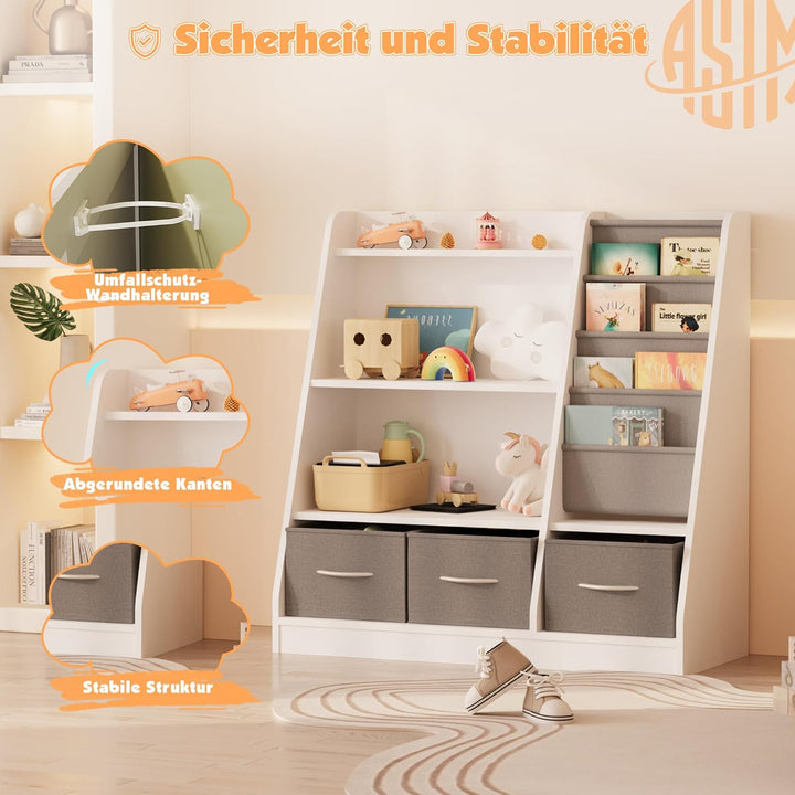 KEEPREAPER Kinderregal mit 3 Aufbewahrungsboxen, Bücherregal Kinder aus Holz mit 4 Ablage & 3 offnen