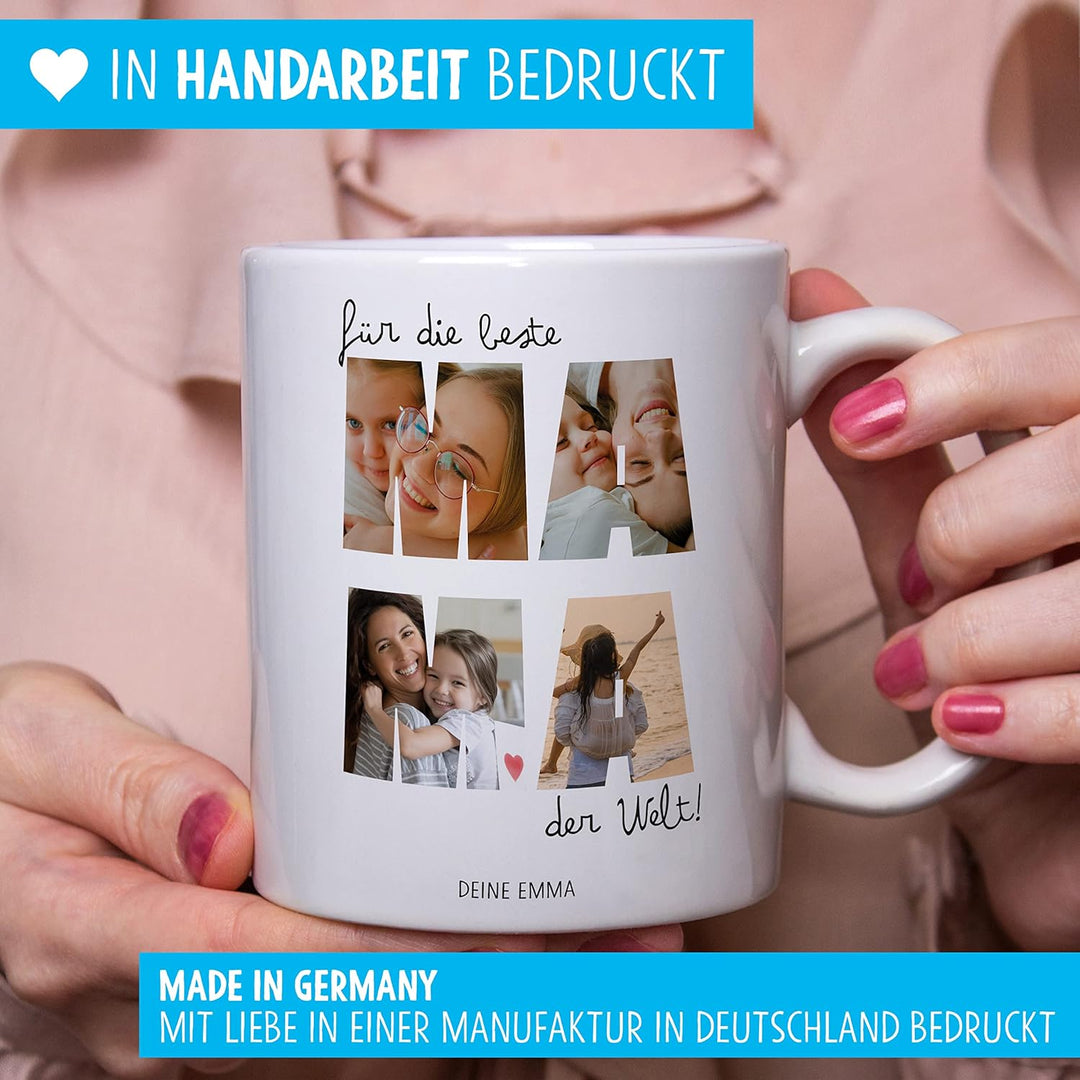 OWLBOOK® Tasse Beste Mama mit 4 Fotos & Spruch selbst gestalten | Fototasse mit eigenem Bild & Text